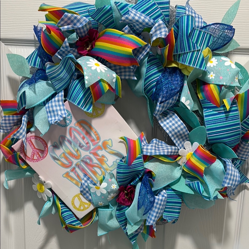 Hand Crafted Vibrant Rainbow and Blue Wreath